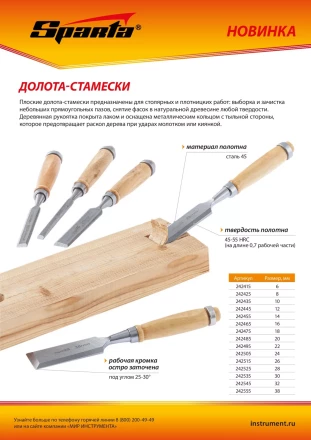 Долото-стамеска 24 мм, деревянная рукоятка Sparta 242505 купить в Губкинске