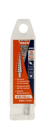 Сверло для металла ступенчатое 3-12мм 10 ступ шаг 1 ход 5 VMX 511630 купить в Губкинске