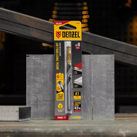 Сверло спиральное по металлу Denzel 8 x 117мм, Р6М5, Golden Tip, многогранная заточка, 718282 купить в Губкинске