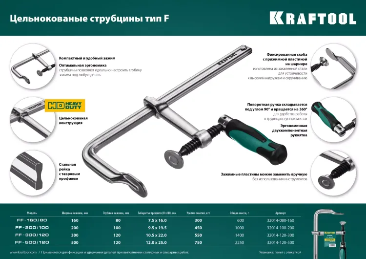 Струбцина KRAFTOOL FORGE тип F,цельнокованая 32014-120-500 купить в Губкинске