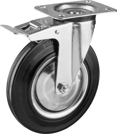 Колеса поворотные с тормозом из литой резины с металлическим диском серия ПРОФЕССИОНАЛ купить в Губкинске