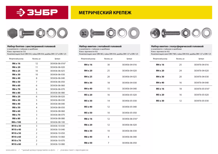 Винт (DIN965) в комплекте с гайкой (DIN934), шайбой (DIN125), шайбой пруж. (DIN127), M5 x 50 мм, 10 шт, ЗУБР 303456-05-050 купить в Губкинске