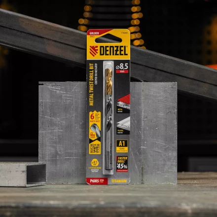 Сверло спиральное по металлу Denzel, 8,5 x 117мм, Р6М5, Golden Tip, многогранная заточка, 718283 купить в Губкинске