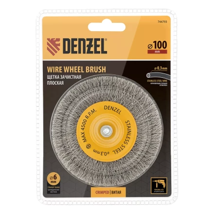 Щетка для дрели Denzel 100 мм, плоская, со шпилькой, нержавеющая витая проволока, 744793 купить в Губкинске
