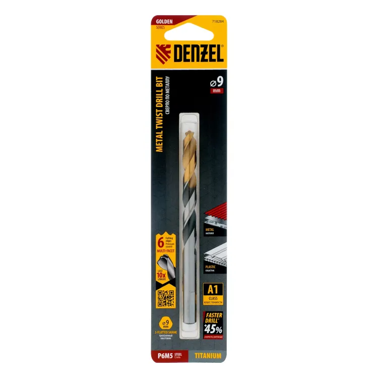 Сверло спиральное по металлу Denzel 9 x 125мм, Р6М5, Golden Tip, многогранная заточка, 718284 купить в Губкинске
