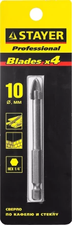 Сверло по кафелю, керамике, стеклу, с четырьмя режущими лезвиями, шестигранный хвостовик, 10 мм, STAYER &quot;PROFESSIONAL&quot; 2985-10 2985-10_z01 купить в Губкинске