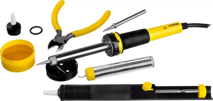 Набор STAYER &quot;PROFI&quot; для паяльных работ, паяльник 55300 + подставка + припой + жало сменное + шприц + насадка на жало + канифоль + кусачки, 60 Вт 55314-60-H8 купить в Губкинске