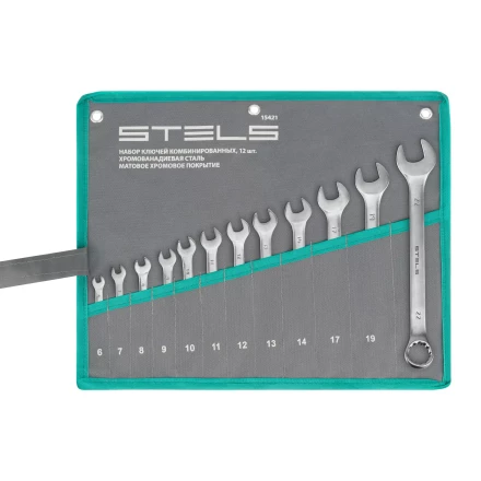 Набор ключей комбинированных Stels 15421, 6-22 мм, 12 шт, CrV, матовый хром купить в Губкинске