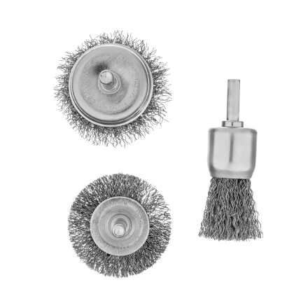 Набор щеток для дрели, 1 Плоская 50мм, 2 Чашки 25-50мм, шпилька, нерж. вит. проволока Denzel 74491 купить в Губкинске