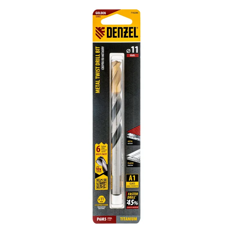 Сверло спиральное по металлу Denzel, 11 x 142мм, Р6М5, Golden Tip, многогранная заточка, 718286 купить в Губкинске