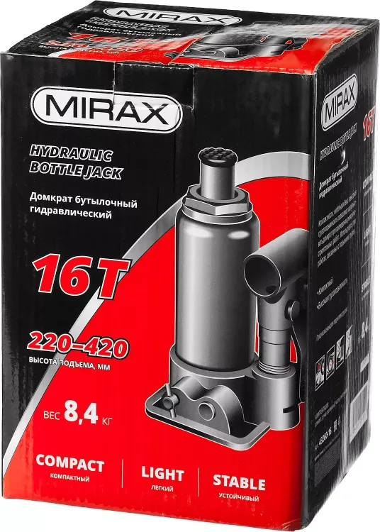 Домкрат гидравлический бутылочный, 16т, 220-420 мм, MIRAX 43260-16 43260-16 купить в Губкинске