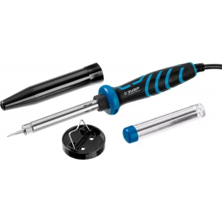 Паяльник ЗУБР &quot;ПРОФЕССИОНАЛ&quot; с двухкомпонентной рукояткой и защитным колпачком в наборе с припоем и подставкой, 40Вт, конус 55402-40_z01 купить в Губкинске