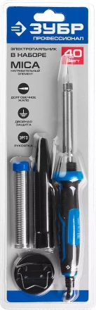 Паяльник ЗУБР &quot;ПРОФЕССИОНАЛ&quot; с двухкомпонентной рукояткой и защитным колпачком в наборе с припоем и подставкой, 40Вт, конус 55402-40_z01 купить в Губкинске