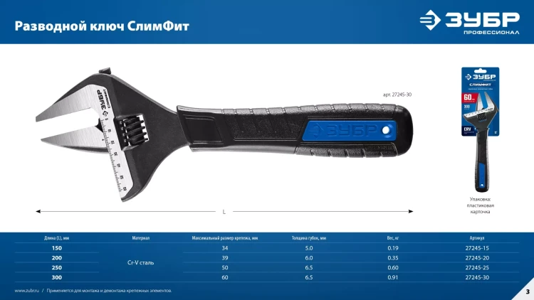 ЗУБР СлимФит, 200 / 39 мм, разводной ключ, ПРОФЕССИОНАЛ (27245-20) купить в Губкинске