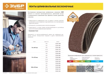 ЗУБР 75х457 мм, P40, лента шлифовальная СТАНДАРТ, для ЛШМ, 5 шт. (35342-040) купить в Губкинске