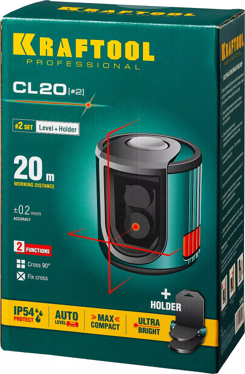 Нивелир лазерный линейный CL 20, сверхъяркий, KRAFTOOL 34700-2, держатель, 20м, IP54, точн. 0,2 мм/м 34700-2 купить в Губкинске