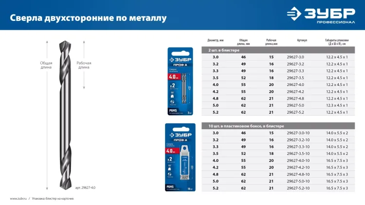 ЗУБР Профессионал 4.0х55мм, Сверло двухстороннее по металлу Проф-А, сталь Р6М5, класс А купить в Губкинске