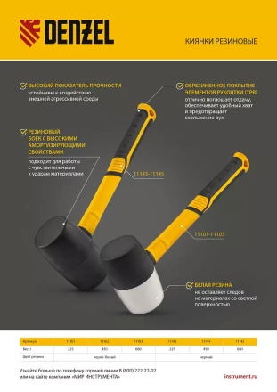 Киянка резиновая, 680 г, черно-белая, фибергласовая рукоятка c TPR покрытием Denzel 11103 купить в Губкинске