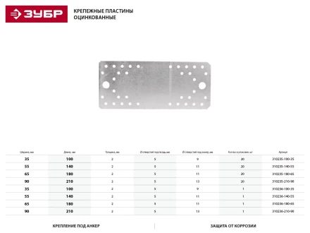 Крепежная пластина ЗУБР &quot;МАСТЕР&quot;, 180х65мм, 20шт 310235-180-65 купить в Губкинске