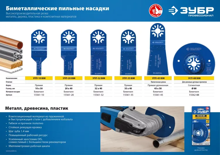 ЗУБР УПП-35 BIM UniLock, 35 x 40 мм, OIS-хвост., насадка универсальная прямая пильная, Профессионал (15561-35) купить в Губкинске