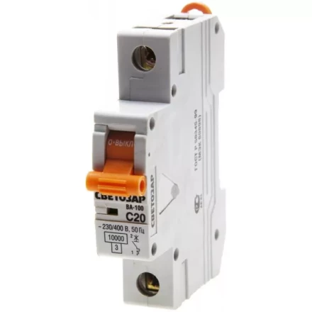 Выключатель автоматический СВЕТОЗАР 1-полюсный, 20 A, &quot;C&quot;, откл. сп. 10 кА, 230 / 400 В SV-49071-20-C купить в Губкинске