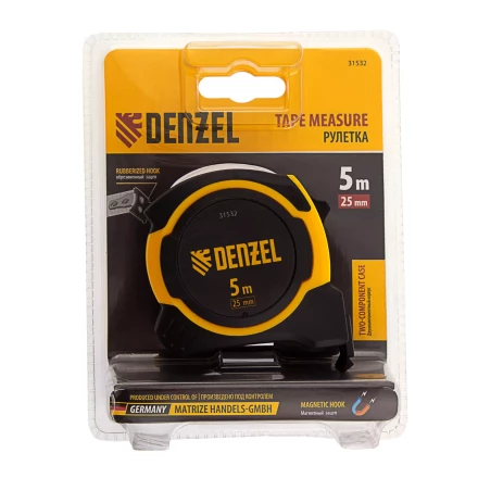 Рулетка Denzel 5м х 25мм, двухкомп. корпус, магнитный обрезиненный зацеп, 31532 купить в Губкинске