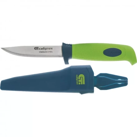 Нож универсальный с чехлом обрезиненная рукоятка 220мм лезвие - 100 мм Сибртех 79015 купить в Губкинске