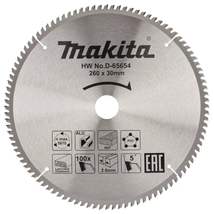 Диск пильный универсальный для алюминия/дерева/пластика Makita D-65654, 260x30x1.8 мм; 100 зубьев купить в Губкинске