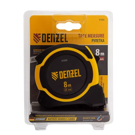 Рулетка Denzel 8м х 25мм, двухкомп. корпус, магнитный обрезиненный зацеп, 31533 купить в Губкинске