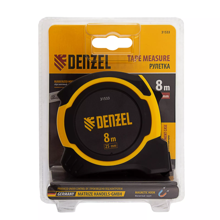 Рулетка Denzel 8м х 25мм, двухкомп. корпус, магнитный обрезиненный зацеп, 31533 купить в Губкинске
