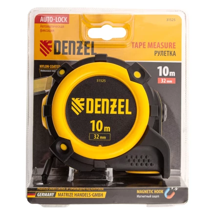 Рулетка Denzel 10м х 32мм, автоматич. фиксац., нейлон. покрытие, магнит. зацеп, двухстор. разметка, 31525 купить в Губкинске