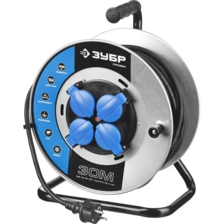 Удлинитель ЗУБР &quot;ПРОФИ&quot; на металл катушке, КГ 3х1,5кв мм, морозостойкий, 4 гнезда, IP44, макс мощность 3500Вт, 30м 55085-30 купить в Губкинске