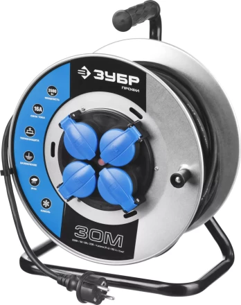Удлинитель ЗУБР &quot;ПРОФИ&quot; на металл катушке, КГ 3х1,5кв мм, морозостойкий, 4 гнезда, IP44, макс мощность 3500Вт, 30м 55085-30 купить в Губкинске