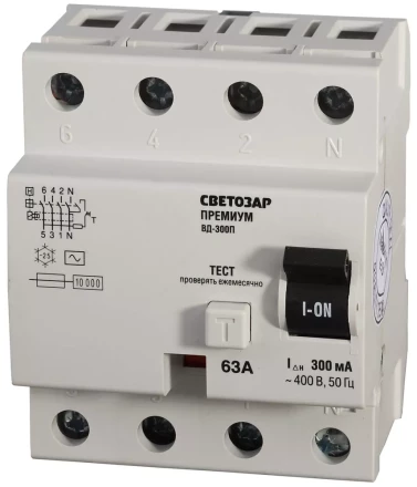 Выключатель дифференциальный &quot;УЗО&quot; СВЕТОЗАР &quot;ПРЕМИУМ&quot;, 4-полюсный, 63 A, &quot;AC&quot;, откл.диф.ток. 300 мА, 400 В SV-49134-300-63 купить в Губкинске