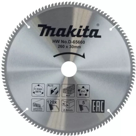 Диск пильный универсальный для алюминия/дерева/пластика Makita D-65660, 260x30x1.8 мм; 120 зубьев купить в Губкинске