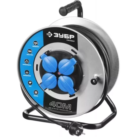 Удлинитель ЗУБР &quot;ПРОФИ&quot; на металл катушке, КГ 3х1,5кв мм, морозостойкий, 4 гнезда, IP44, макс мощность 3500Вт, 40м 55085-40 купить в Губкинске
