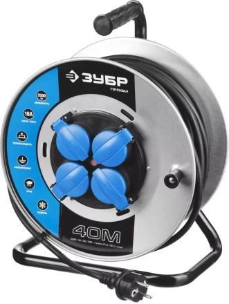 Удлинитель ЗУБР &quot;ПРОФИ&quot; на металл катушке, КГ 3х1,5кв мм, морозостойкий, 4 гнезда, IP44, макс мощность 3500Вт, 40м 55085-40 купить в Губкинске