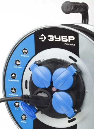 Удлинитель ЗУБР &quot;ПРОФИ&quot; на металл катушке, КГ 3х1,5кв мм, морозостойкий, 4 гнезда, IP44, макс мощность 3500Вт, 40м 55085-40 купить в Губкинске