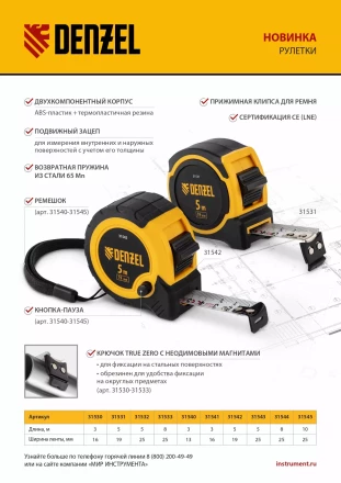 Рулетка Denzel 3м х 16мм, двухкомп. корпус, кнопка-пауза, 31541 купить в Губкинске