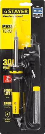 Паяльник с двухкомпонентной рукояткой и долговечным жалом, STAYER "PROFI" PROTerm, 55300-30, в комплекте (припой и подставка), 30 Вт, конус 55300-30 купить в Губкинске