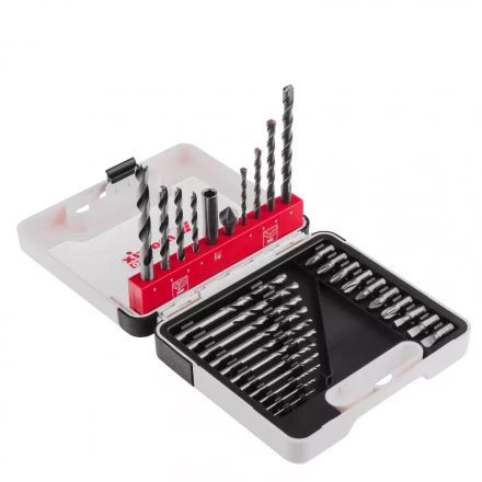 Набор сверл комбинированный сверла по металлу 1-6 мм бетону 4-8 мм дереву 4-8 мм биты 10 шт адаптер зенковка 31 предмет Pro Matrix 725631 купить в Губкинске