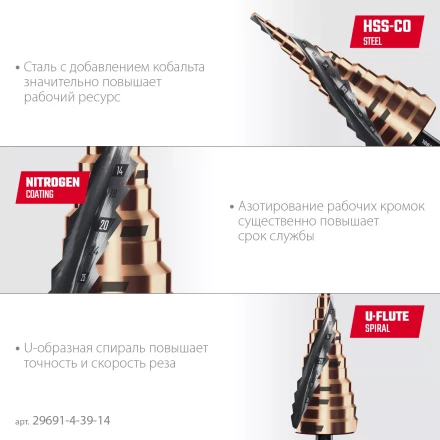 Ступенчатые сверла, сталь c кобальтом, спиральная проточка, 3Т хвостовик 29691-4-39-14 купить в Губкинске