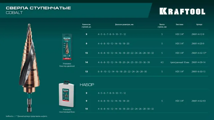 Ступенчатые сверла, сталь c кобальтом, спиральная проточка, 3Т хвостовик 29691-4-39-14 купить в Губкинске