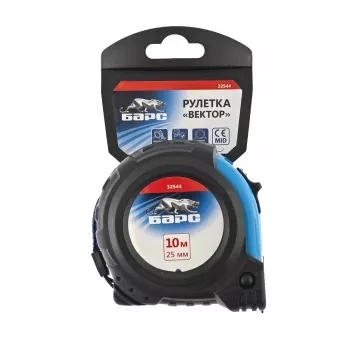 Рулетка Вектор 10 м х 25 мм, утолщенное полотно, магнитный зацеп, обрезиненный корпус  БАРС 32544 купить в Губкинске