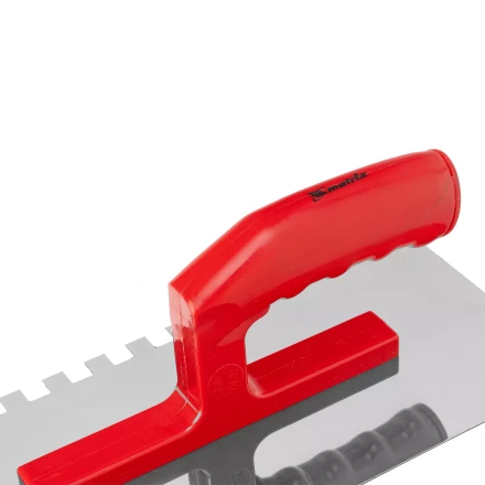 Гладилка из нержавеющей стали, 280 х 130 мм, зеркальная полировка, пластмассовая ручка, зуб 10 х 10 мм Matrix 86783 купить в Губкинске