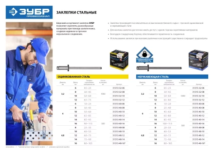 Заклепки ЗУБР стальные, 4,0x10мм, 500шт 31313-40-10 купить в Губкинске