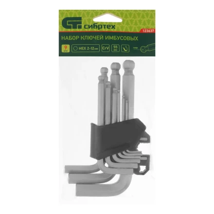 Набор ключей имбусовых, HEX, 2-12 мм, CrV, 9 шт., с шаром Сибртех 123637 купить в Губкинске