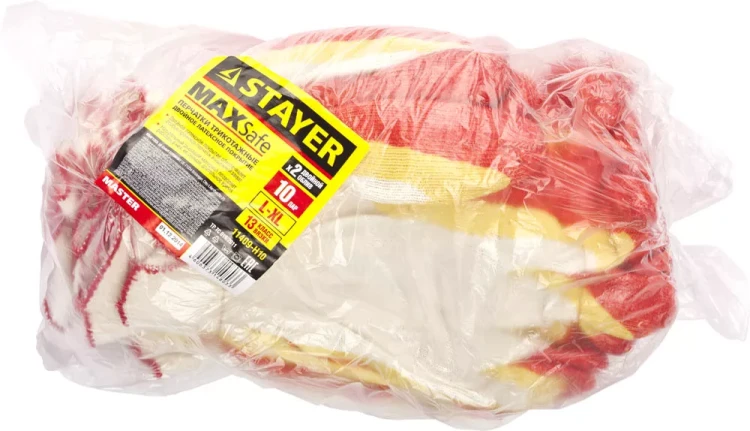 Перчатки STAYER "МASTER" MaxSafe трикотажные, двойная обливная ладонь из латекса, х/б, 13 класс, L-XL, 10 пар 11409-H10 купить в Губкинске