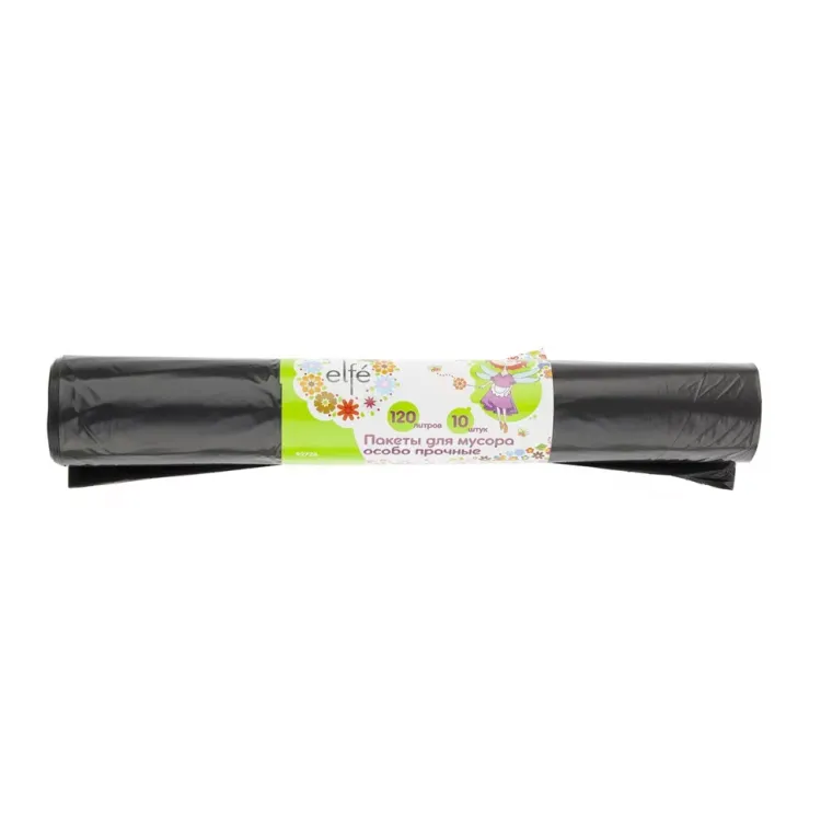 Пакеты для мусора 120 л 10 шт пвд прочные черные длинный ролик Elfe 92726 купить в Губкинске