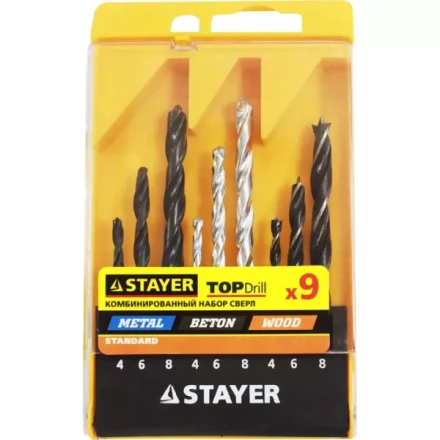 Набор STAYER &quot;STANDARD&quot;: Сверла комбинированные, дерево (4-6-8мм), металл (4-6-8мм), бетон (4-6-8мм), 9 предметов 29720-H9 купить в Губкинске